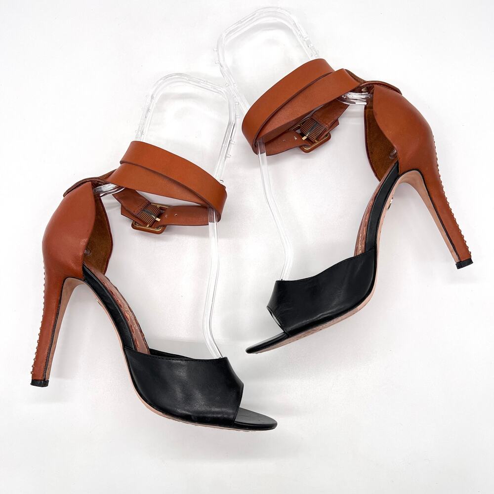 ALICE + OLIVIA Gwennie Ankle Wrap Strap Heels Womens 39 Black Brown Leather - Picture 5 of 14